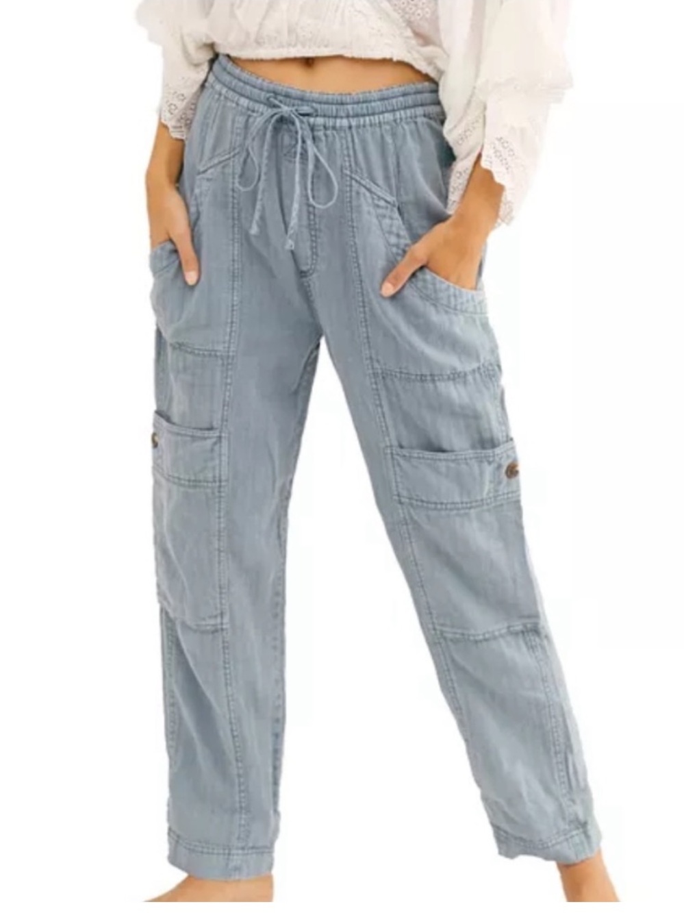 Free People Feelin Good Utility Pull-On Linen Casual Jogger Drawstring Pant SZ S